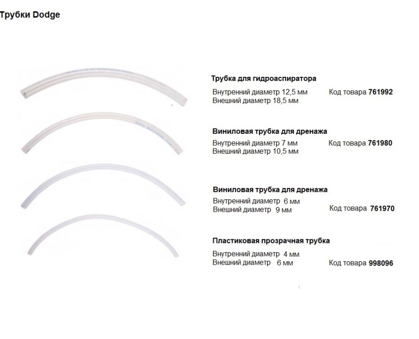 Трубки для аспирации, вливания и дренажа, производитель Dodge, профессиональные средства для бальзамирования от компании TanatoService